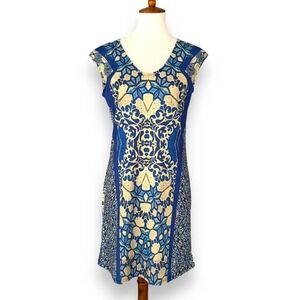 Aryeh Blue Beige Cap Sleeve V Neck Stretch Shift Dress Size Small